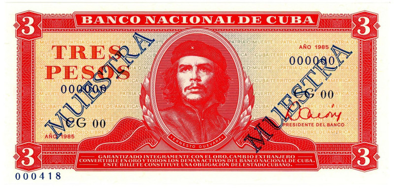 Cuba Banco Nacional de Cuba 3 Pesos 1985 Specimen

P #107s2, N# 205116; # CG00...