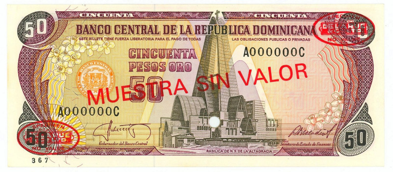 Dominican Republic 50 Pesos Oro 1987 Specimen

P# 121s, N# 220020; # A 000000 ...