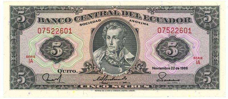 Ecuador 5 Sucres 1988

P# 113d, N# 204253; # IA 07522601; UNC