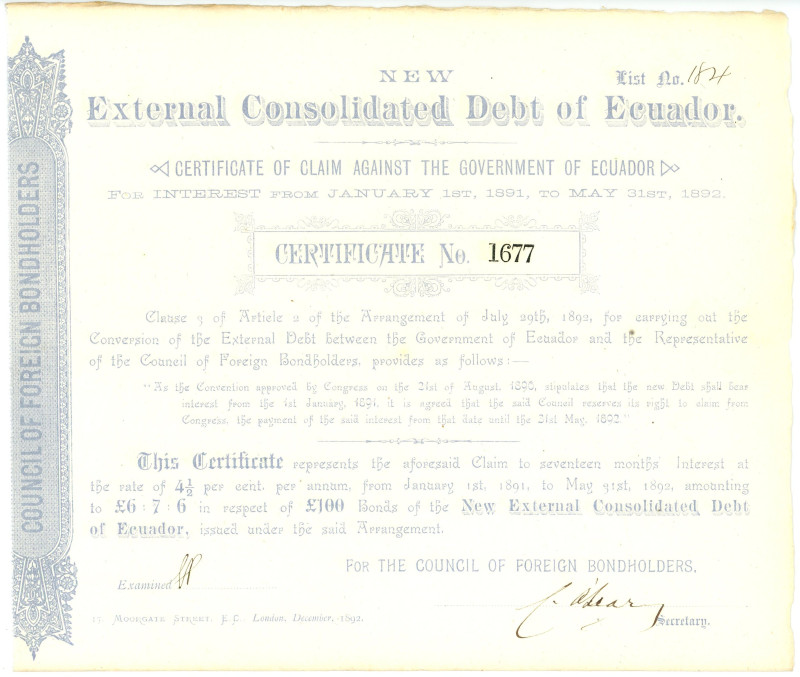 Ecuador New External Consolidated Debt of Ecuador Certificate of Claim 1892

#...