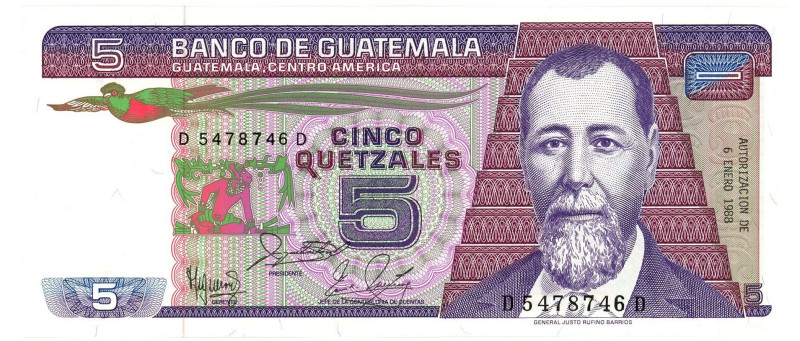 Guatemala 5 Quetzales 1988

P# 67, N# 215136; # D 5478746 D; UNC