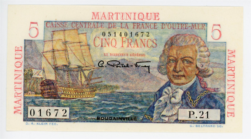 Martinique 5 Francs 1947 - 1949 (ND)

P# 27, N# 378372; # P.21 01672; UNC