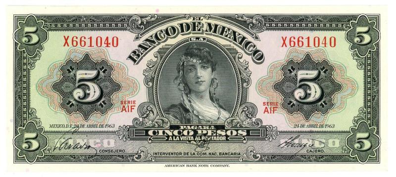 Mexico 5 Pesos 1963

P# 60h, N# 210667; # AIF X 661040; UNC