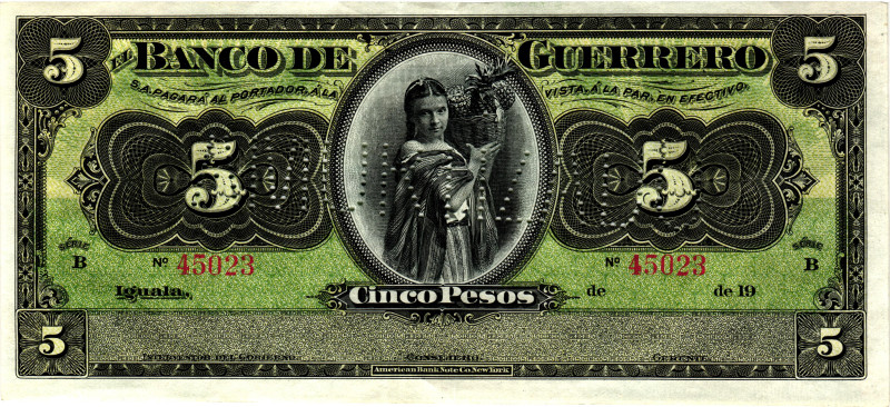 Mexico El Banco de Guerrero 5 Pesos 1914 (ND)

P# S298, N# 224910; # B 45023; ...