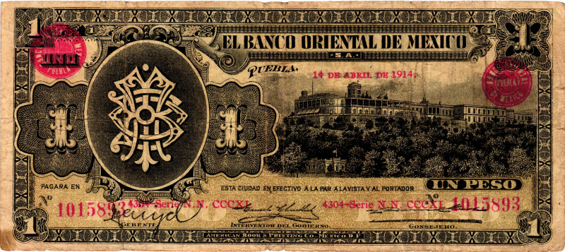 Mexico El Banco Oriental de Mexico 1 Peso 1914

P# S388, N# 221876; # 1015893;...