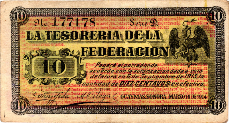 Mexico Sonora Guaymas La Tesoreria de la Federacion 10 Centavos 1914

P# S1058...