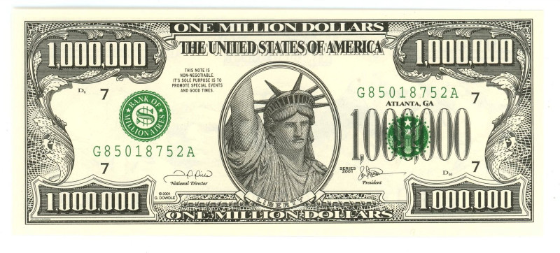 United States 1 Million Dollars 2001 Fantasy Banknote

# G 85018752; UNC