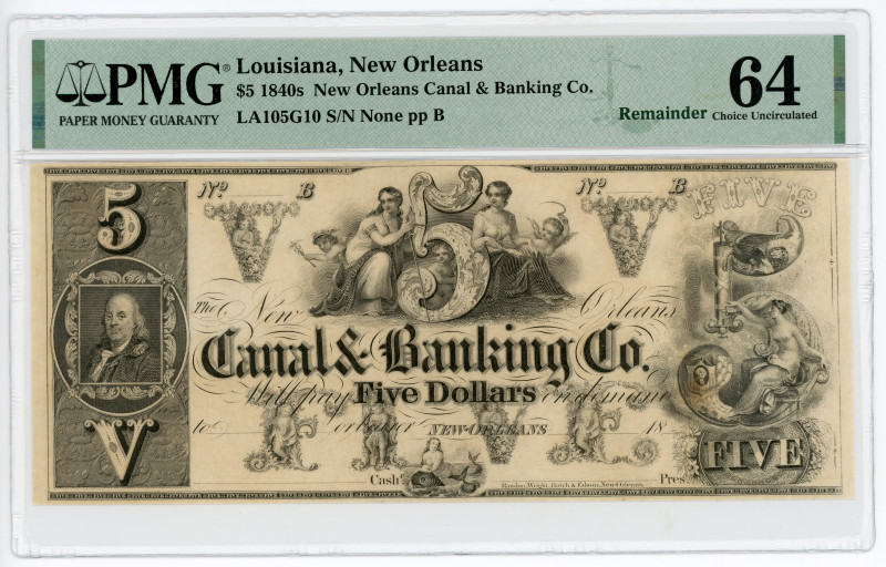 United States Louisisana New Orleans Canal & Banking Co. 5 Dollars 1840s Remaind...