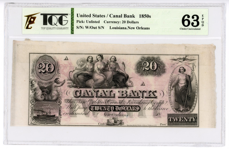 United States New Orleans Canal Bank 20 Dollars 1850s TQG 63 EPQD Choice Uncircu...