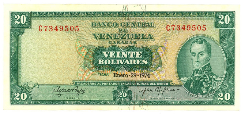 Venezuela 20 Bolivares 1974

P# 46e, N# 205428; # C 7349505; UNC