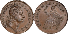 1724 Wood's Hibernia Farthing. Martin 3.9-D.1, W-12600. Rarity-4. AU-55 BN (NGC).
PCGS# 187. NGC ID: F7HS.
From the Estate of Harry Garrison. 
From...