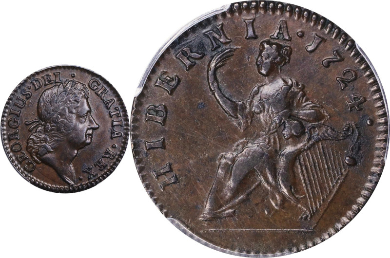 1724 Wood's Hibernia Halfpenny. Martin 4.51-K.4, W-13690. Rarity-2. AU-58 (PCGS)...