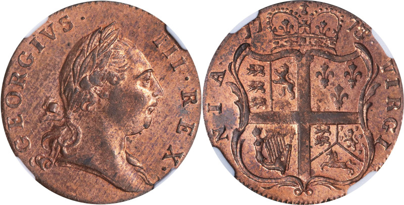 1773 Virginia Halfpenny. Newman 27-J, W-1585. Rarity-2. Period After GEORGIVS, 7...