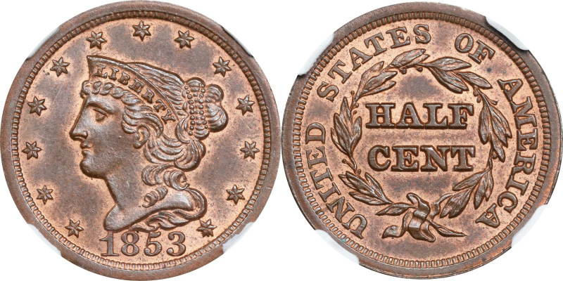 1853 Braided Hair Half Cent. C-1, the only known dies. Rarity-1. MS-65 RB (NGC)....