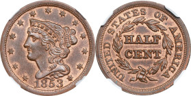 1853 Braided Hair Half Cent. C-1, the only known dies. Rarity-1. MS-65 RB (NGC). CAC.
PCGS# 35328. NGC ID: 26YX.