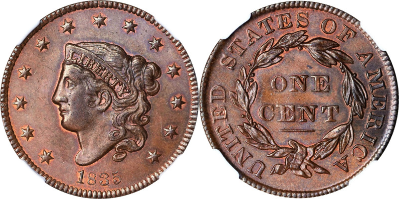 1835 Matron Head Cent. N-6. Rarity-1. Small 8 and Stars. MS-65 BN (NGC).
PCGS# ...