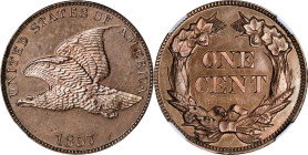 1857 Flying Eagle Cent. Snow-PR3. Doubled Die Obverse. Proof-62 (NGC).
PCGS# 2040. NGC ID: 227B.