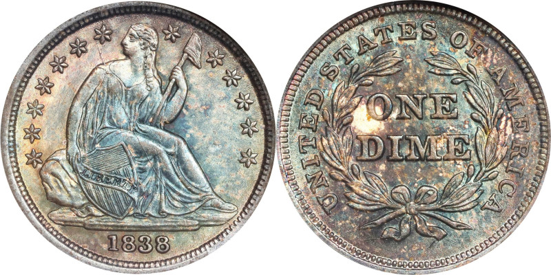 1838 Liberty Seated Dime. No Drapery. Fortin-111a. Rarity-3. Large Stars. MS-66 ...