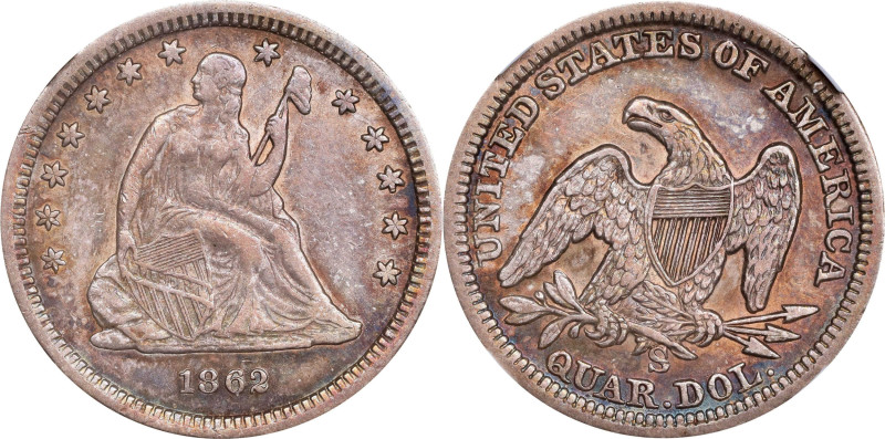 1862-S Liberty Seated Quarter. Briggs 1-A. AU-55 (NGC).
PCGS# 5457. NGC ID: 23T...