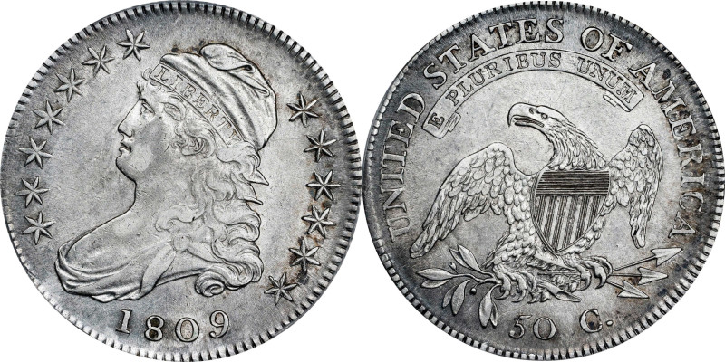 1809 Capped Bust Half Dollar. O-109. Rarity-3. Die State 109.2. IIIII Edge. AU-5...