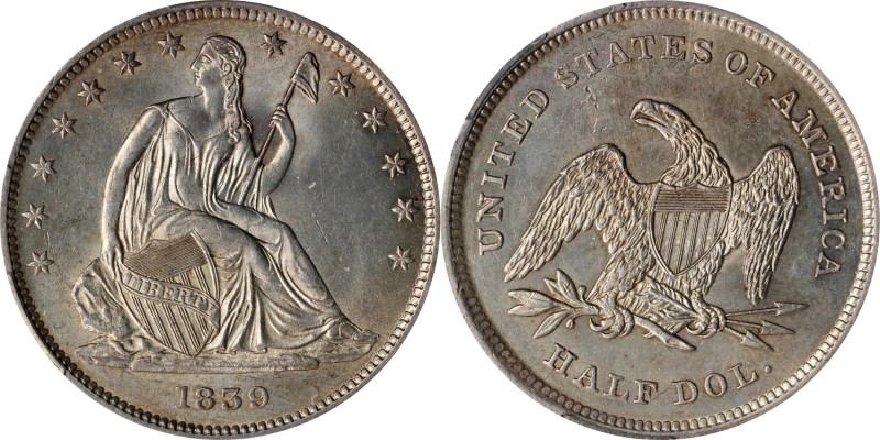 1839 Liberty Seated Half Dollar. Drapery. WB-6. Rarity-3. Early Die State. MS-64...