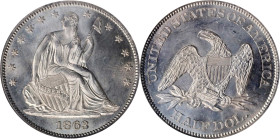 1863 Liberty Seated Half Dollar. WB-5. Rarity-4. MS-65 (NGC).
PCGS# 6309. NGC ID: 24JB.
NGC Census: 14; 5 finer (MS-67 finest).