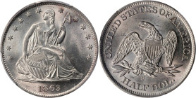 1863-S Liberty Seated Half Dollar. WB-4. Rarity-3. Small Broken S. MS-64 (PCGS).
PCGS# 6310. NGC ID: 24JC.