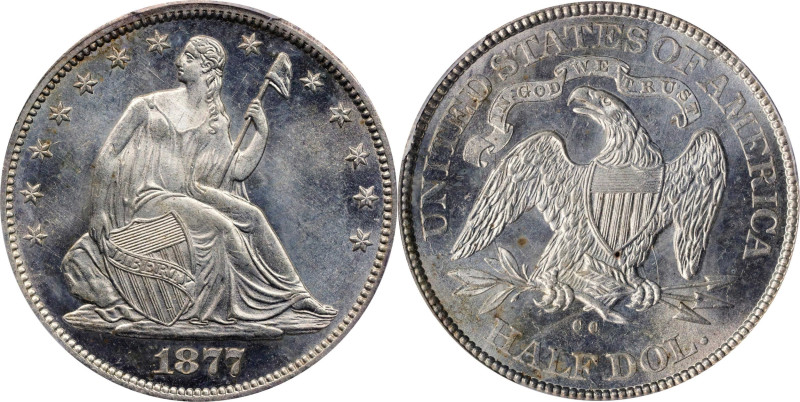 1877-CC Liberty Seated Half Dollar. WB-12. Rarity-3. Repunched Date, Type II Rev...