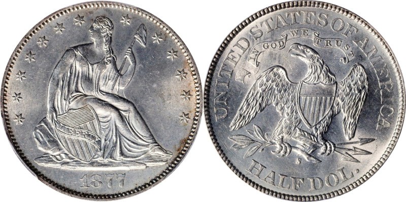 1877-S Liberty Seated Half Dollar. WB-24. Rarity-3. Type II Reverse, Very Small ...