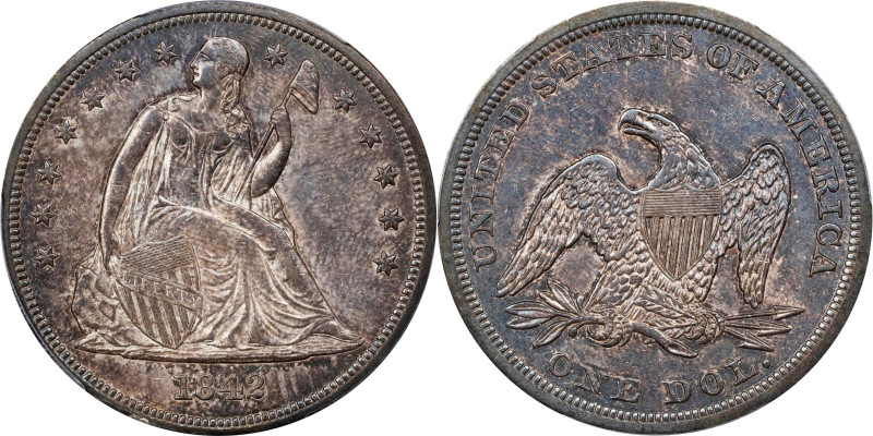 1842 Liberty Seated Silver Dollar. OC-4. Rarity-1. AU-55 (PCGS). CAC.
PCGS# 692...