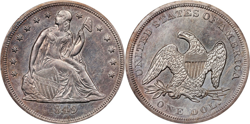 1849 Liberty Seated Silver Dollar. OC-2. Rarity-2. AU-55 (PCGS). OGH Rattler.
P...