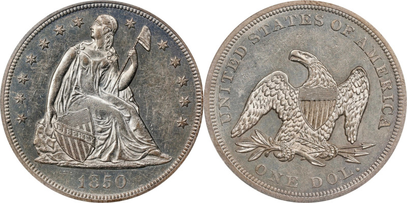 1850 Liberty Seated Silver Dollar. OC-1. Rarity-3. Repunched Date. AU-55 (PCGS)....