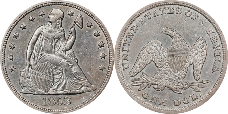 1853 Liberty Seated Silver Dollar. OC-1. Rarity-2. Top 30 Variety. Chin Whiskers...