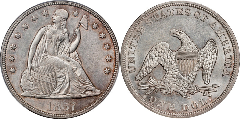 1857 Liberty Seated Silver Dollar. OC-2. Rarity-3. AU-55 (PCGS).
PCGS# 6945. NG...