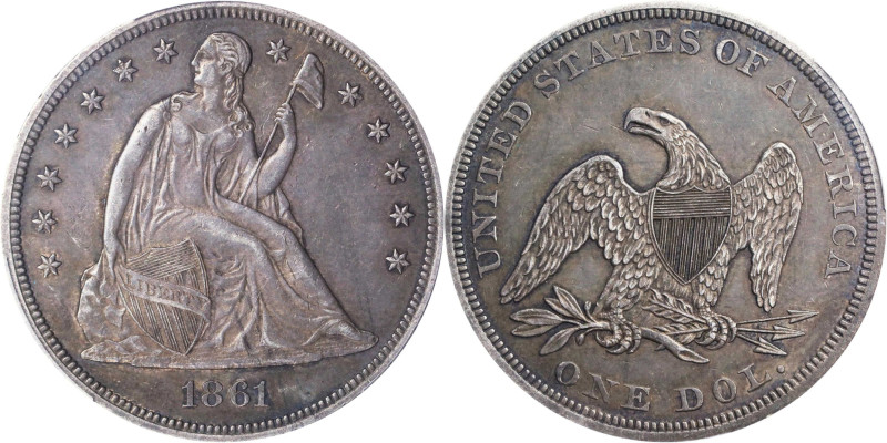 1861 Liberty Seated Silver Dollar. OC-2. Rarity-3+. AU-53 (PCGS). CAC. Retro OGH...