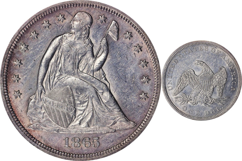 1865 Liberty Seated Silver Dollar. OC-4. Rarity-4+. Top 30 Variety. Bar 6. AU-58...