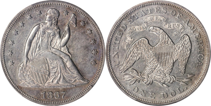 1867 Liberty Seated Silver Dollar. OC-1. Rarity-2. Top 30 Variety. Repunched Dat...