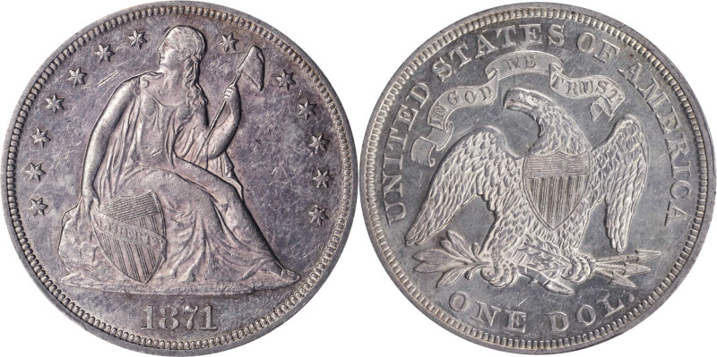 1871 Liberty Seated Silver Dollar. OC-13. Rarity-2. AU-58 (PCGS).
PCGS# 6966. N...