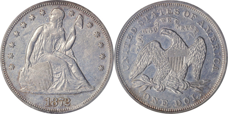 1872 Liberty Seated Silver Dollar. OC-1. Rarity-3. AU-50 (PCGS).
PCGS# 6968. NG...