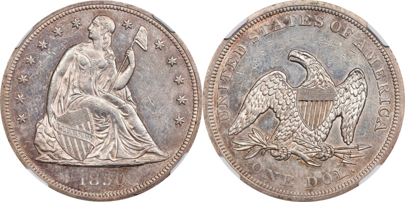 1850 Liberty Seated Silver Dollar. OC-1. Rarity-3. Repunched Date. MS-61 (NGC)....