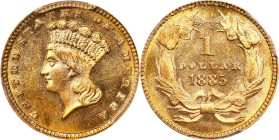 1885 Gold Dollar. MS-64 PL (PCGS).
PCGS# 87586. NGC ID: 25DP.
PCGS Population: 3; with a single MS-65 PL finer in this category.