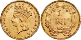 1889 Gold Dollar. MS-67+ (PCGS). CAC.
PCGS# 7590. NGC ID: 25DU.
PCGS Population: 35; 15 finer (MS-68+ finest).