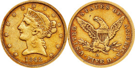 1842-D Liberty Head Half Eagle. Winter 7-E. Small Date, Small Letters. VF-25 (NGC). OH.
PCGS# 8210. NGC ID: 25SX.