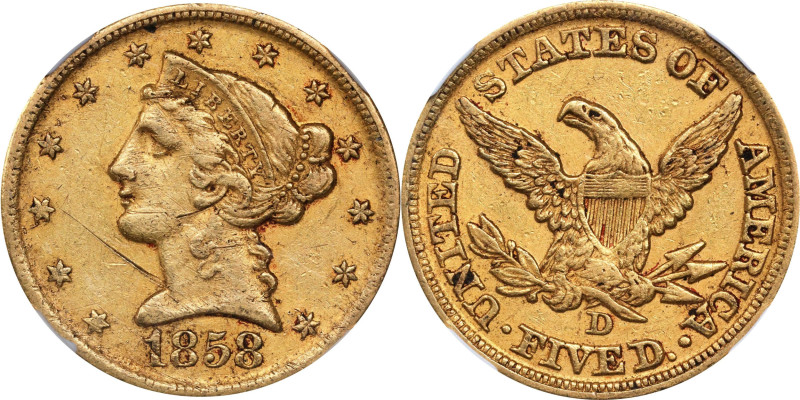 1858-D Liberty Head Half Eagle. Winter 43-II. AU Details--Obverse Damage (NGC)....