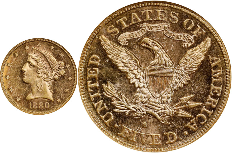 1880-S Liberty Head Half Eagle. MS-62 DPL (NGC).
PCGS# 88353. NGC ID: 25XC.
NG...