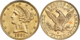 1893-S Liberty Head Half Eagle. MS-64+ (PCGS). CAC.
PCGS# 8386. NGC ID: 25YD.
PCGS Population: 9; just four are graded higher (MS-66+ finest).