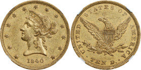 1840 Liberty Head Eagle. AU-58 (NGC).
PCGS# 8581. NGC ID: 262G.
NGC Census: 26; 7 finer (MS-62 finest).