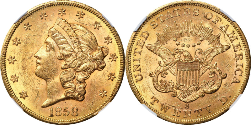 1858-S Liberty Head Double Eagle. AU-58 (NGC). CAC.
PCGS# 8925. NGC ID: 2699.