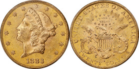 1883-S Liberty Head Double Eagle. MS-63+ (PCGS).
PCGS# 9000. NGC ID: 26BJ.
PCGS Population: 25; 24 finer (MS-64+ finest).