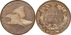 1858 Flying Eagle Cent. Large Letters. Snow-PR1. High Leaves (Style of 1857), Type I. Proof-64 (NGC).
PCGS# 2042. NGC ID: 227C.
NGC Census: 13; 9 fi...